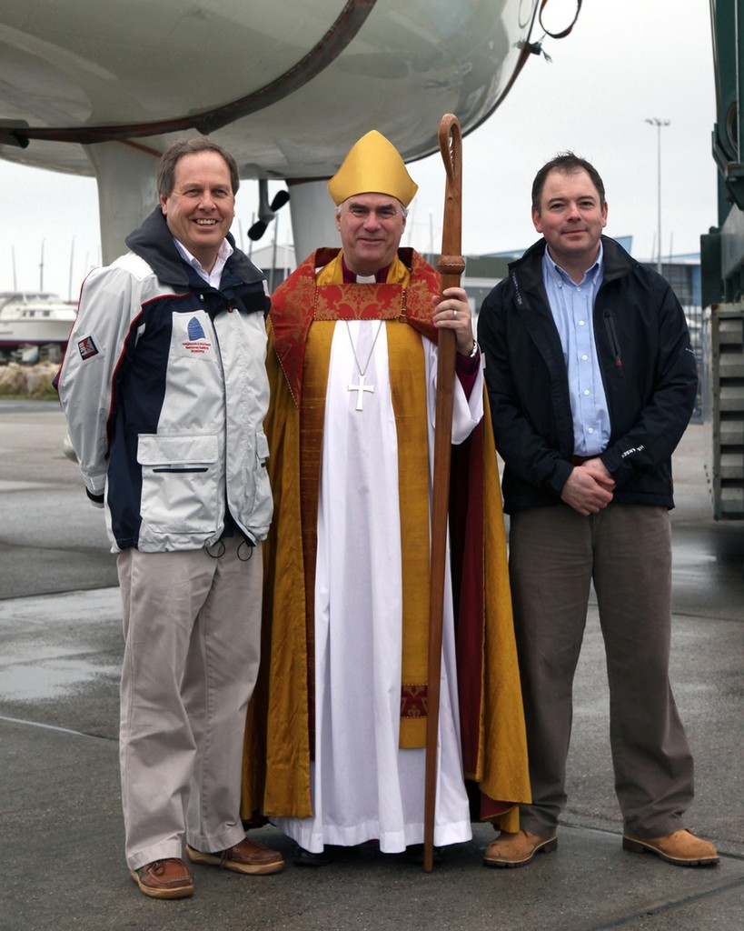 Left to right John Tweed, Chief Executive of the Weymouth and Portland National Sailing Academy, The Bishop of Sherborne and Charlie Walker, Managing Director of the Round Britain and Ireland Challenge © Helen Ellis